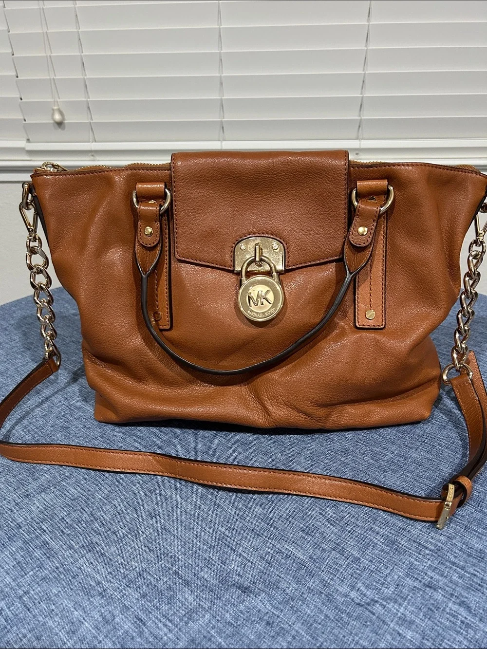 Michael Kors Cognac Leather Shoulder Bag with Gold-Tone Lock